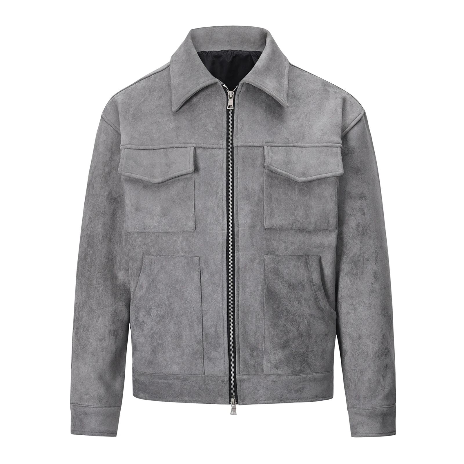 Faux Suede Zip Up Trucker Jacket Men Multi Flap Pockets Full Zipper Oversized Cargo Jackets Quiet Luxury Vintage Workwear Coat