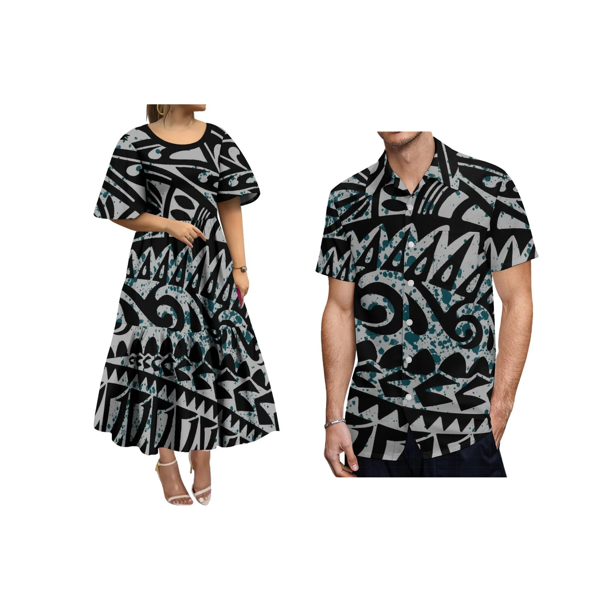 Customized Plus Size Samoan Tribal Print Tiered Ruffle Hem Midi Vestido Round Neck Flare Sleeve Maroon Casual Island Vestido