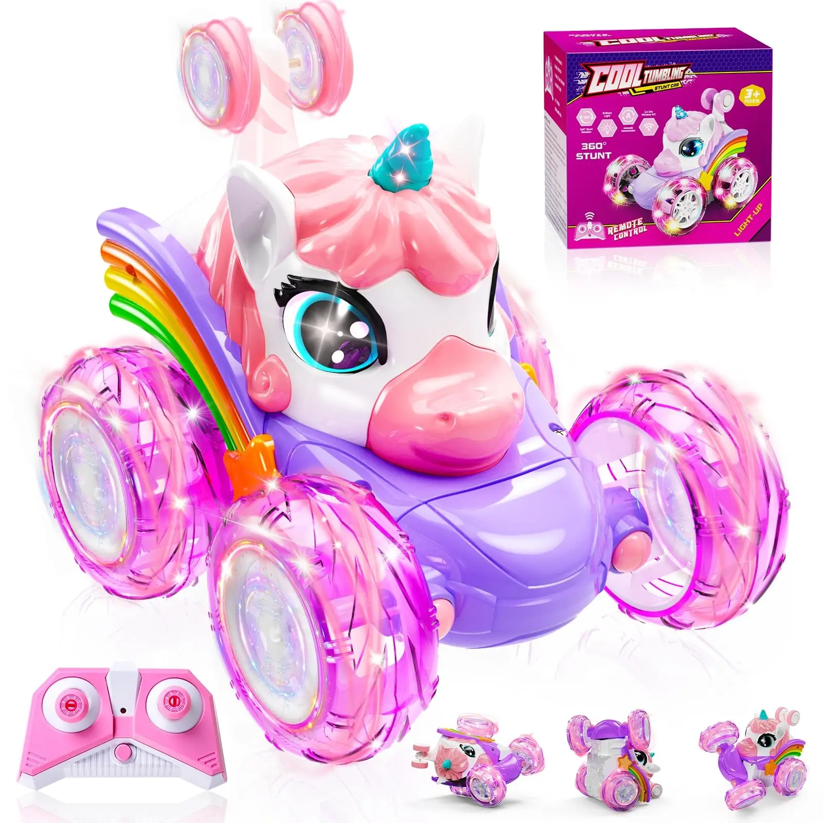 Unicorn Remote Control Car for Girls, 360° Rotating 4WD Stunt RC Cars with Cute Lights, Rechargeable Toys-Kid for Birthday Gifts
