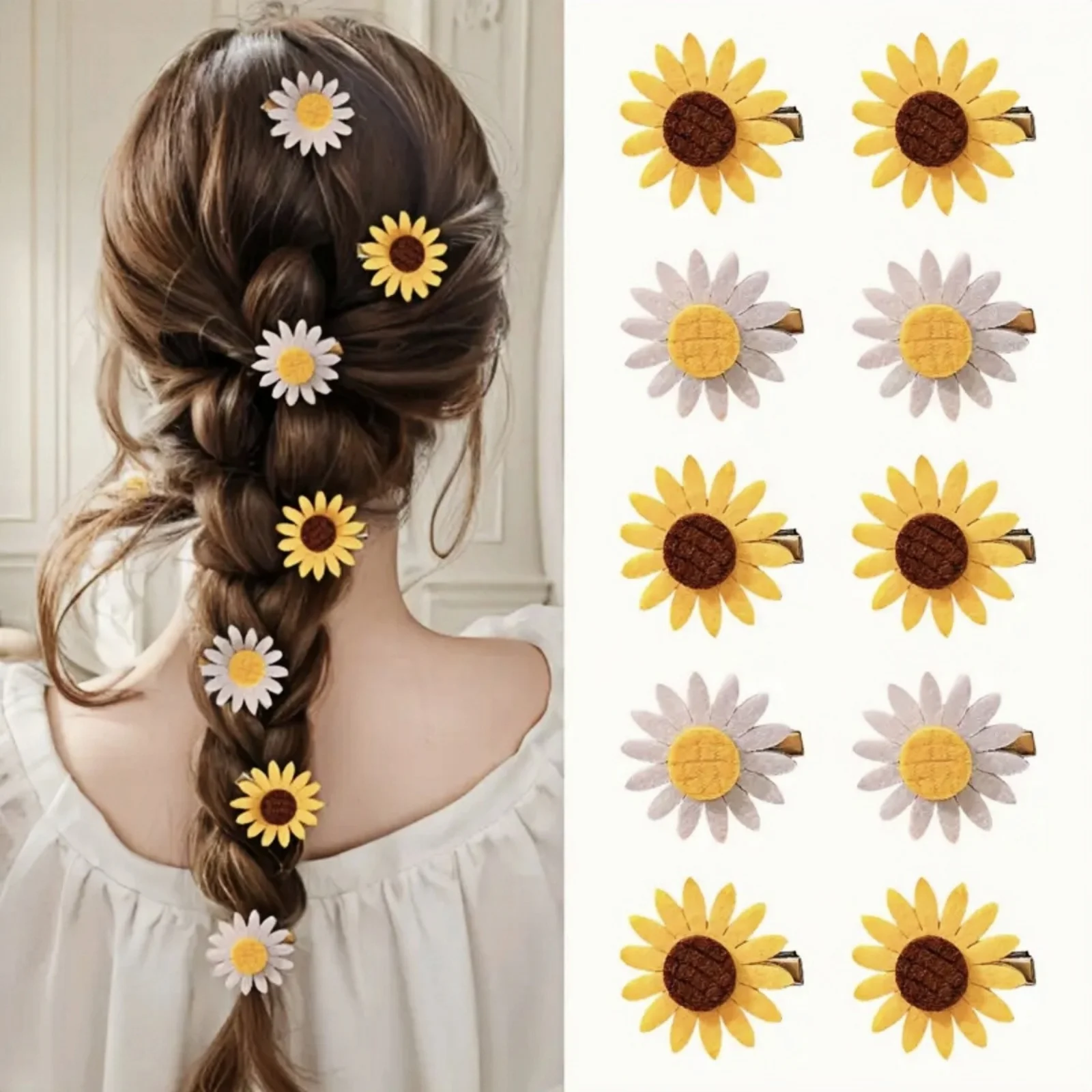 10/20PCS Sunflower Hair Clips - Stylish and Versatile Side Bangs Duckbill Clips, Kids' Non-woven Cotton Sunflower Hair Accessori