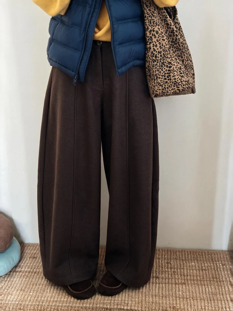 Elegant Autumn Winter Casual Pants Women's Tuxedo Suit Pants Bow Window Knit Woolen Pants Straight Leg Natural Waist