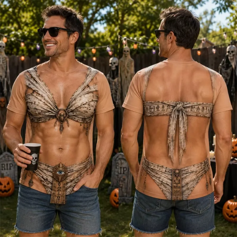 Men Women Halloween Humor T‑Shirt Realistic Fake Bikini 3D Printed Short Sleeve Tee Novelty Cosplay Outfit For Holiday Gathering