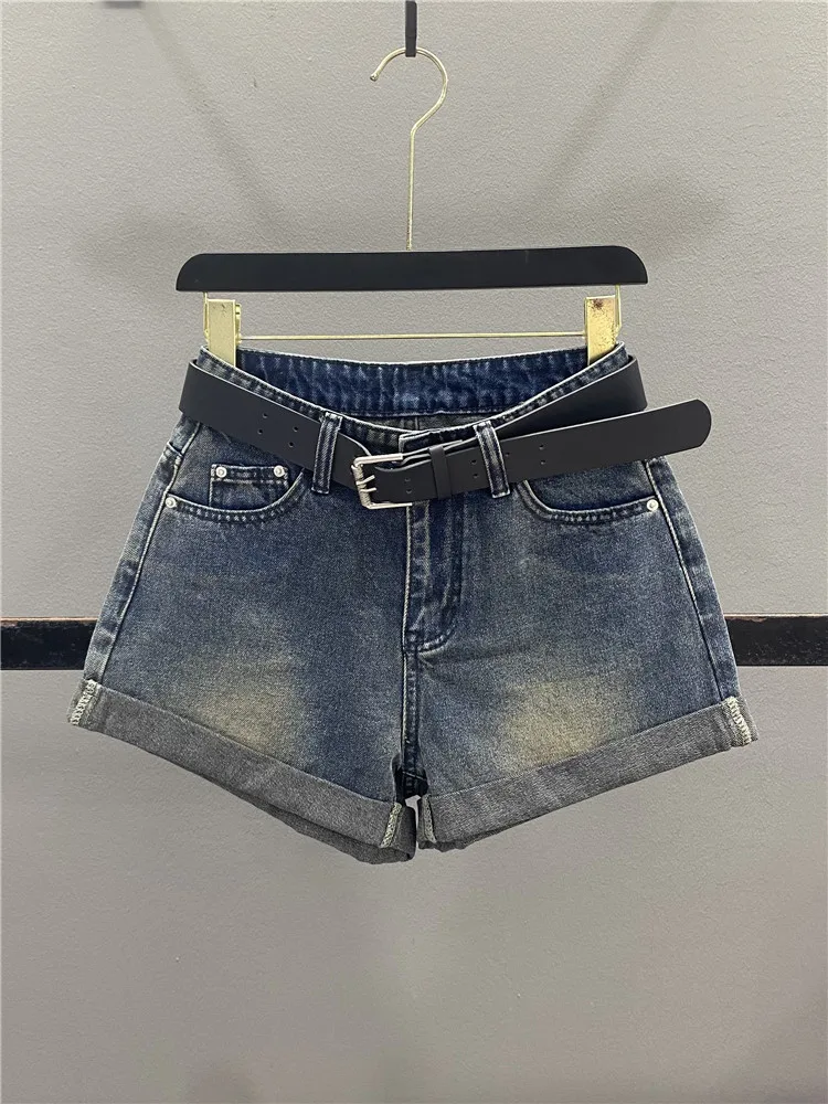 

Retro Washed Cuffed Denim Shorts Women's Summer Versatile Loose Slim A-Line Casual Wide Leg Pants Hot Shorts Casual Jeans