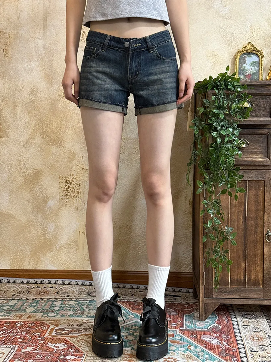 Retro Blue Cuffed A-Line High Waist Denim Shorts Women's Summer Thin New Style Spicy Loose Wide Leg Hot Pants