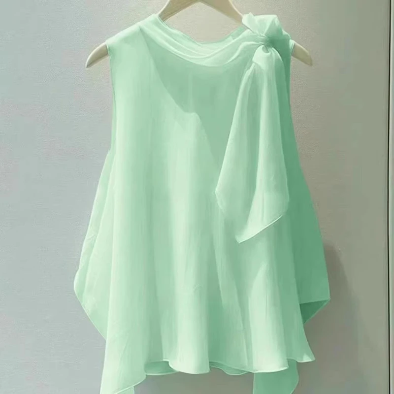 

Women's Green Sleeveless Blouse 2025 Summer New Shirt Design French Chic Fashion Loose Pure Color Casual Shirt Slim Fit Female