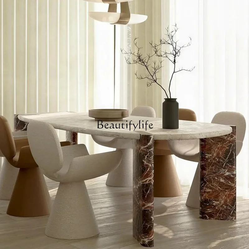 Natural marble oval dining table medieval retro quiet style modern simple Italian dining table