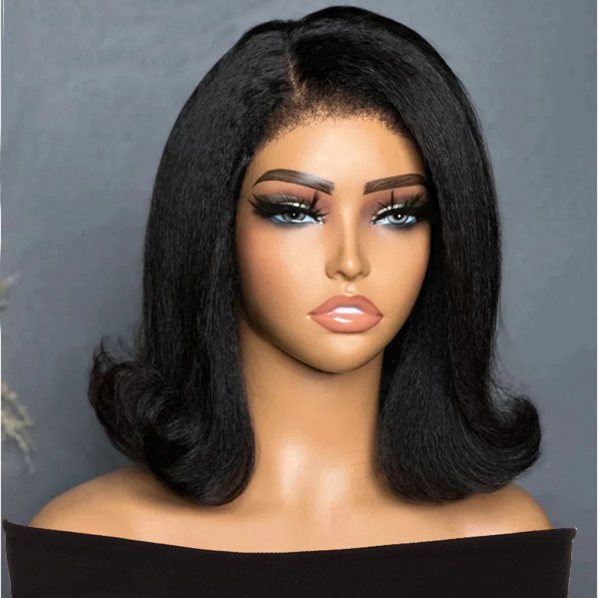 Short Bob Preplucked Soft 14 Inch Natural Black Yaki Kinky Straight Wave Lace Front Wig For Women With Baby Hair Glueless Daily