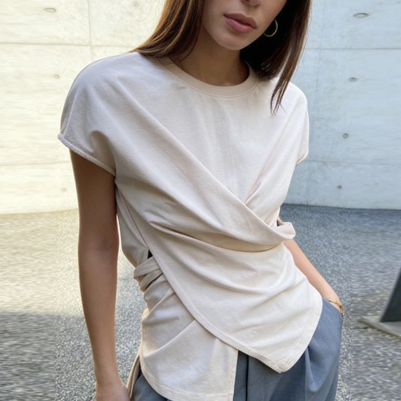 Women's Summer Round Neck T-Shirts Short Cap Sleeve Cross Wrapped Split Front Tee Tops Solid Tied Belted Back Blouse