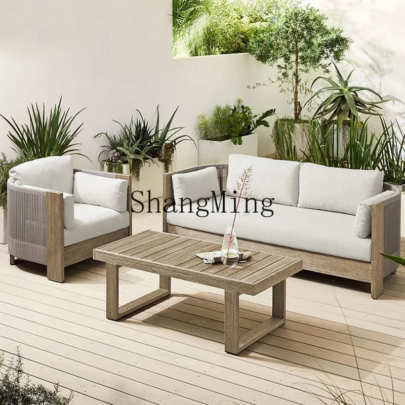 

FG Outdoor Rattan Sofa Teak Villa Hotel Courtyard Garden Outdoor Rattan Chair Combination Solid Wood Furniture