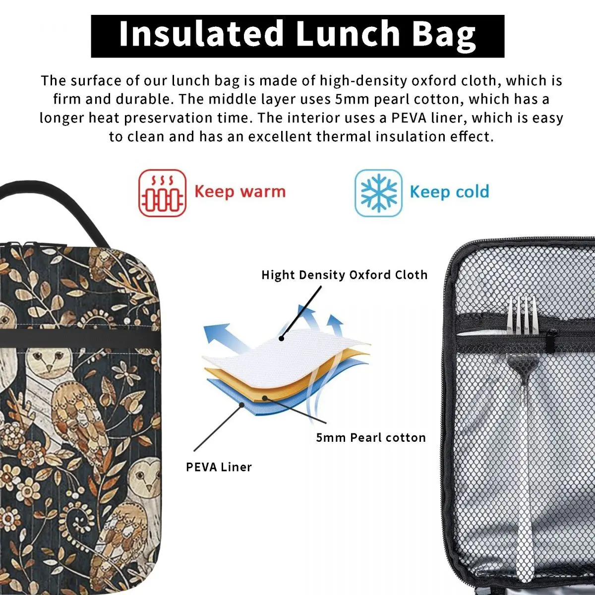 Wooden Wonderland Barn Owl Collag Insulated Lunch Bag for Women Children Leakproof Food Boxes Thermal Lunch Box Tote