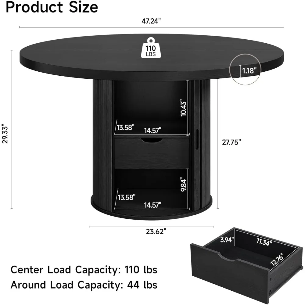 4人用の丸いダイニングテーブル、2層の収納棚と引き出し付きの円形キッチンテーブル、モダンなファームハウス風のダイニングテーブル