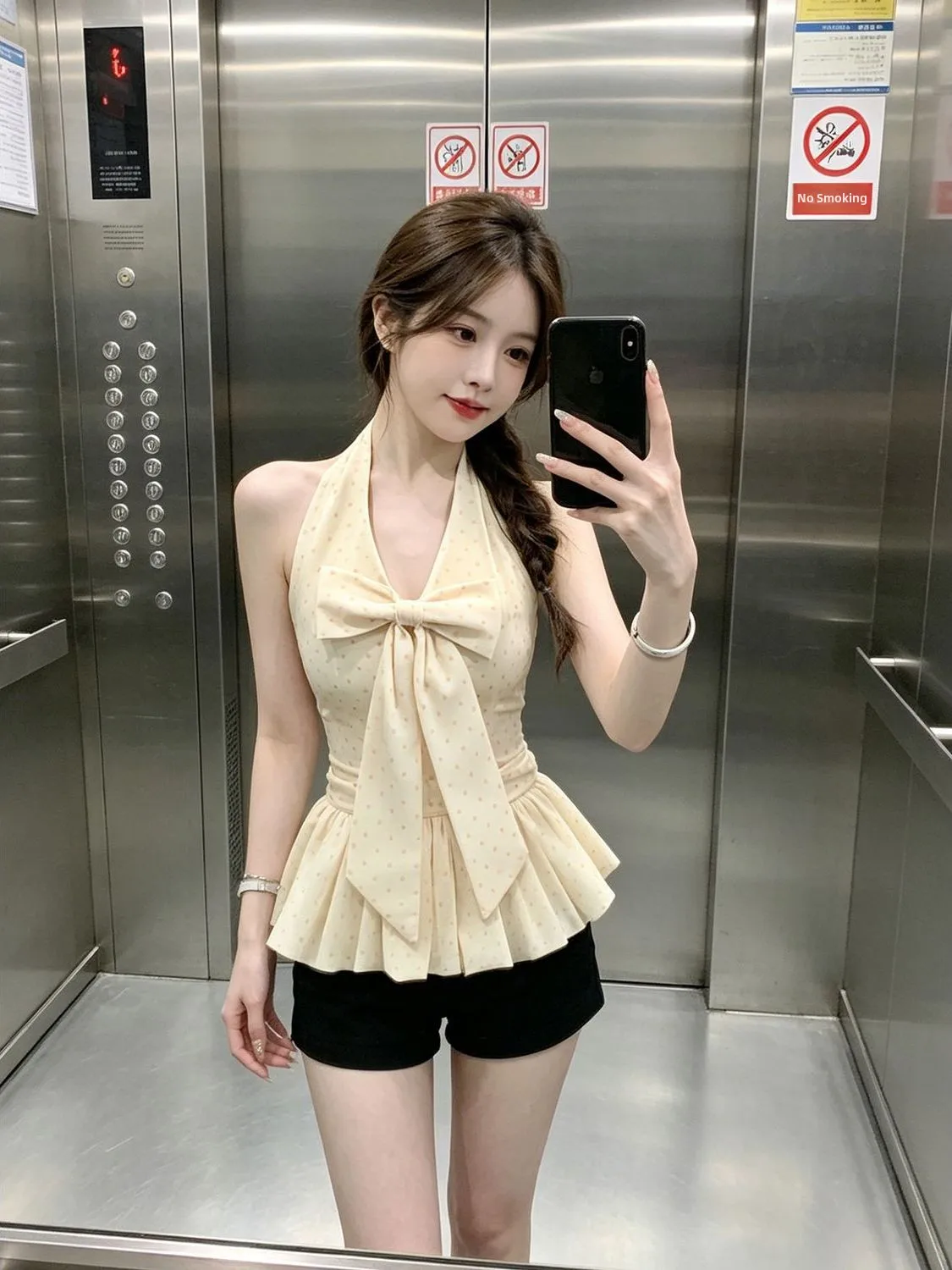 Summer New Polka Dot  Knot V Neck Backless Shirt Women's Waist Cinch Tie Fluffy Flower Hot Girl Top Commute Style