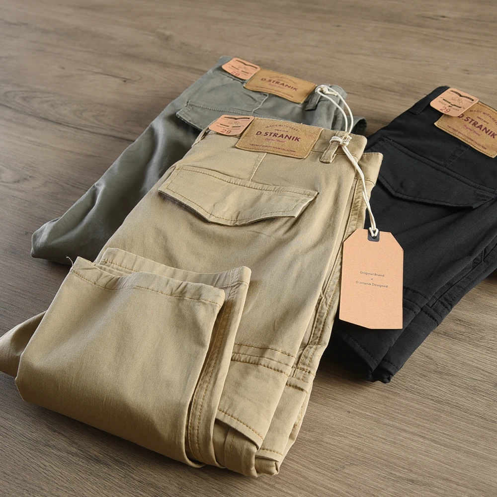 Autumn New American Retro Twill Multi-pocket Outdoor Cargo Pants Men's Simple 97% Cotton Washed Straight Loose Casual Trousers