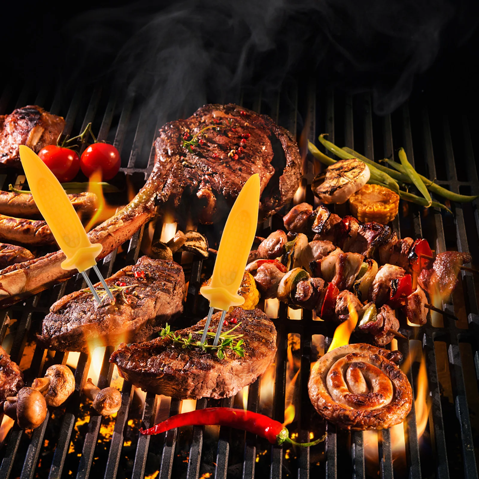 Soportes de acero inoxidable para barbacoa, herramientas para barbacoa al aire libre, tenedores de brocheta de maíz para asar, acampar, Picnic, agarre de maíz, carne, 12 Uds.