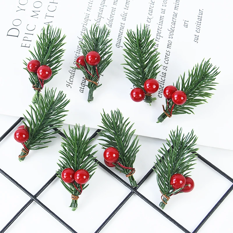 10pcs Christmas Berry Pine Cone Holly Branches Artificial Red Pine Needles Xmas Tree Ornament Home Decoration DIY Wreath Gift