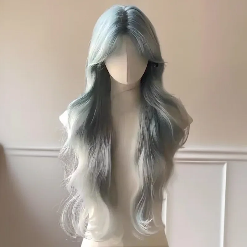 Peruka z długimi włosami dla kobiet, długie falowane włosy z niebieskim gradientem, duże fale, realistyczna i elegancka peruka na całą głowę.