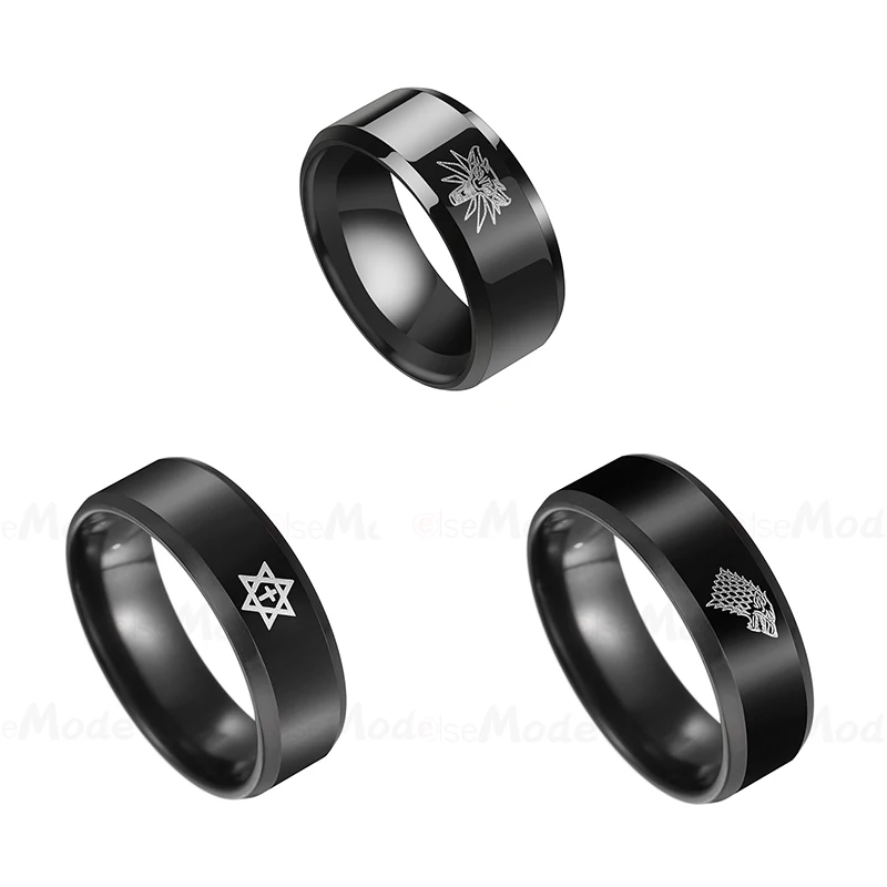 8MM Wide Laser Marking Wolf Head Hexagram Ring Stainless Steel Plating Black Ring for Men Women Fashion Punk Jewelry Rings Gifts