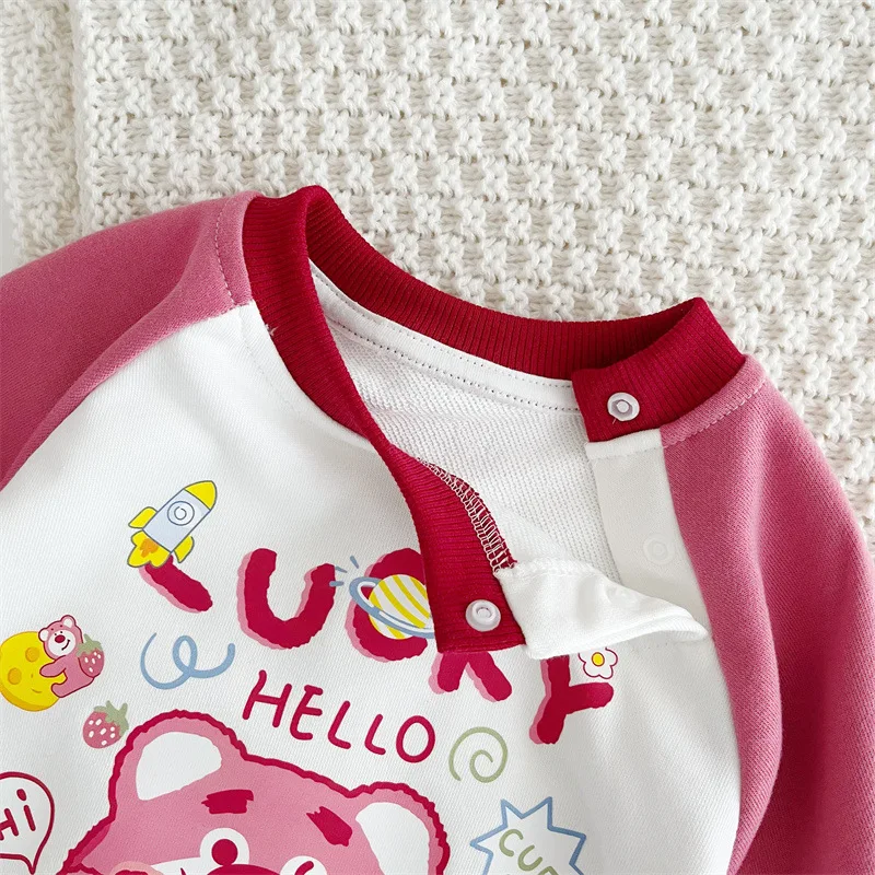 Spring Cartoon Character Lotso Pattern Jumpsuit for Baby Girls Long Sleeve Warm Comfortable Jumpsuit LUCKY Bear Outing Clothes