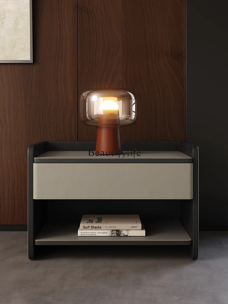 

*Italian minimalist saddle leather master bedroom bedside table wabi sandy wind simple storage cabinet