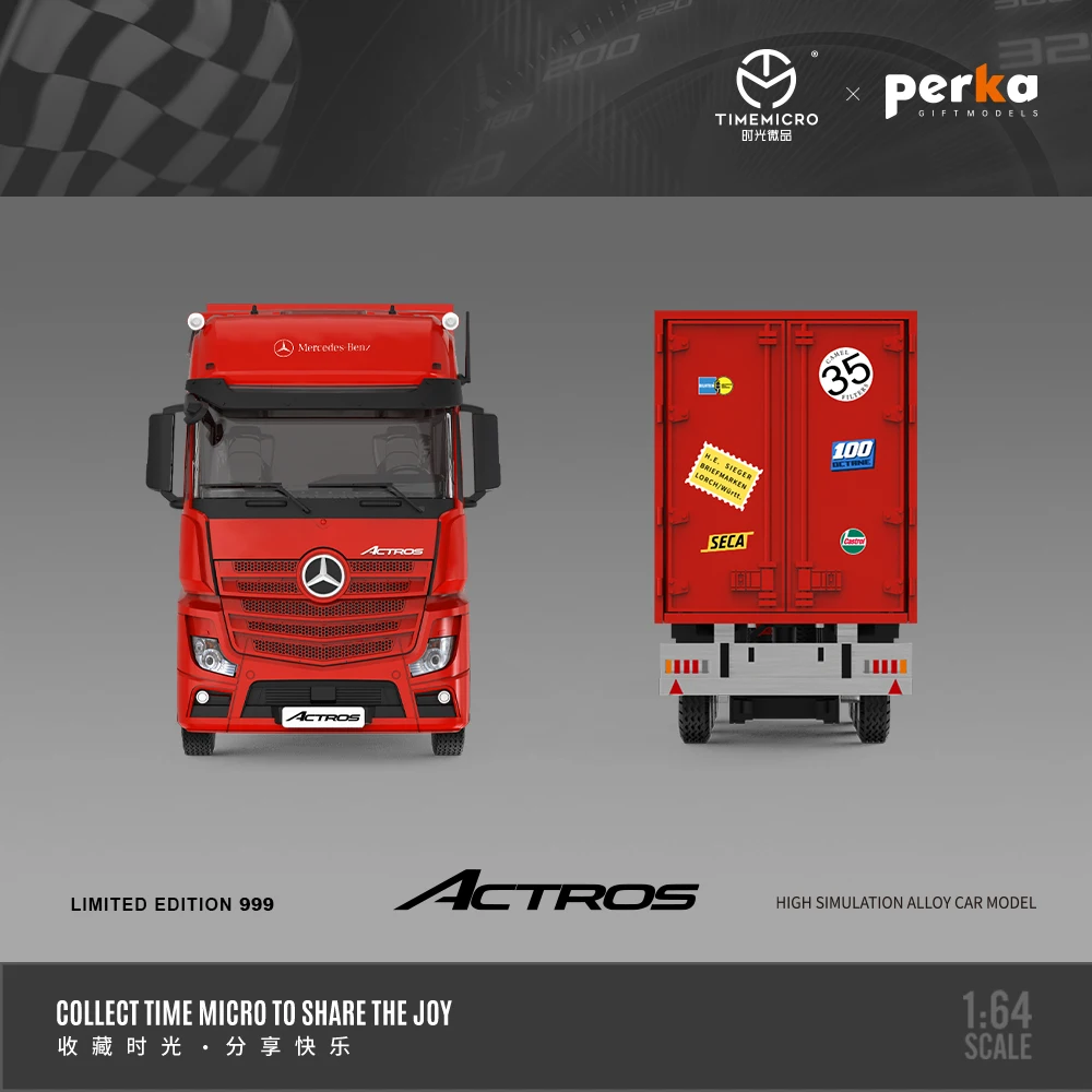 1:64 model mobil simulasi cetakan logam paduan lukisan babi merah truk kontainer mercedes-benz Actros, hadiah liburan anak-anak.