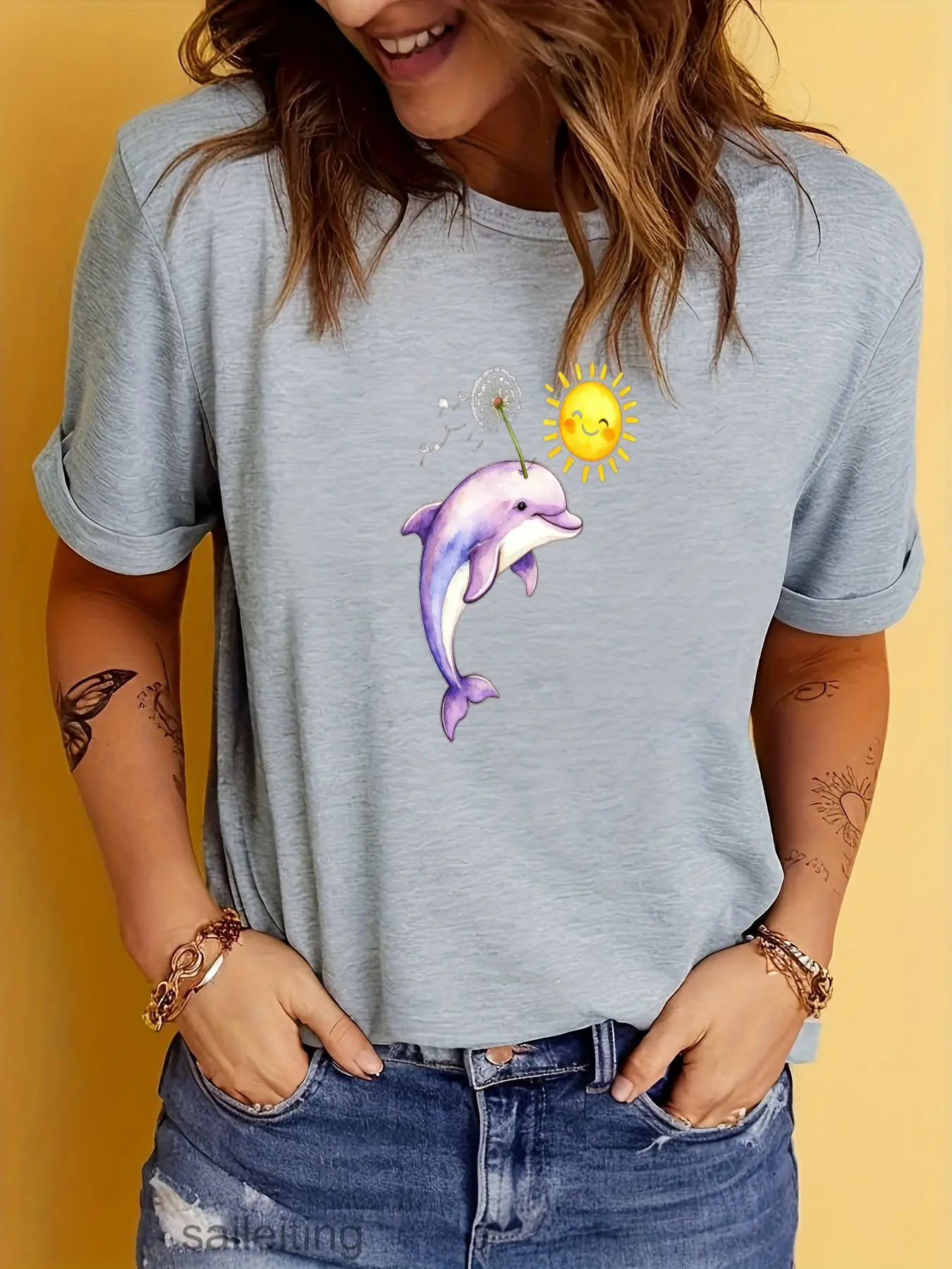 Whimsical Watercolor Purple Dolphin Leaping Sun Dandelion Seeds White Short Sleeve T-Shirt Casual Rolled Sleeves Ripped Jeans