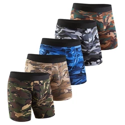 Shorts de boxer camuflados militares masculinos, roupa íntima de algodão boxer, cuecas esportivas, boxer de perna longa, 5 peças