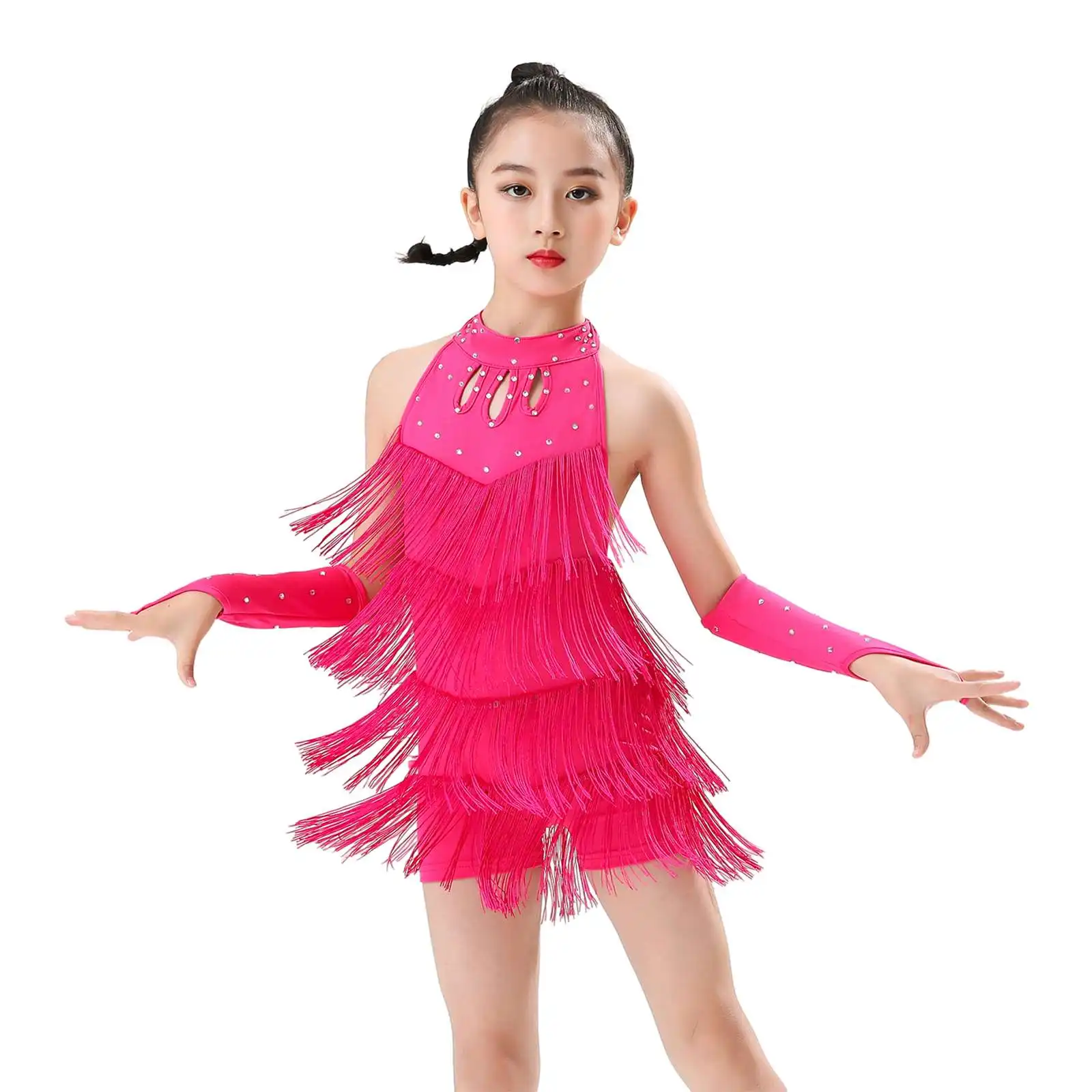 Girls Latin Dance Dress Solid Sleeveless Latin Dance Dress Cha Cha Dress Kids Tango Skirt Carnival Wear Child Teen Stage Costume