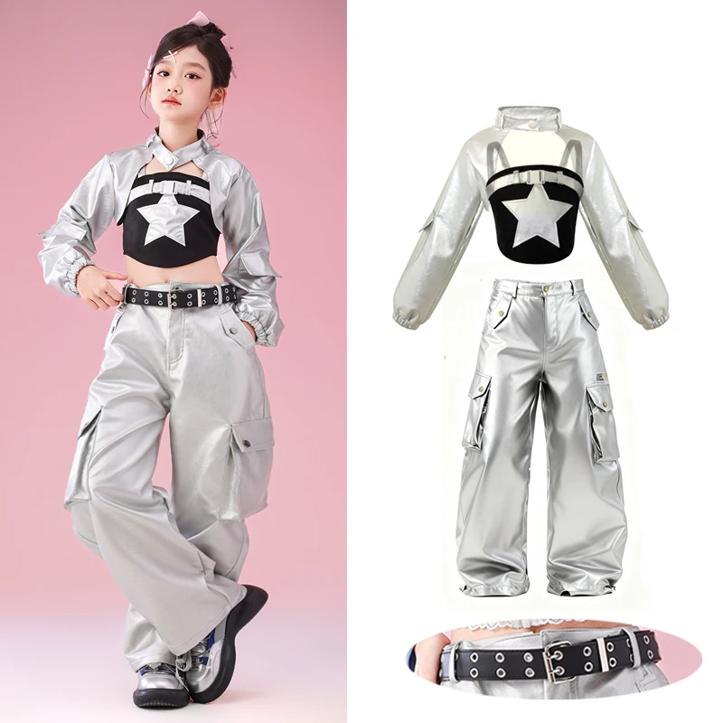 

2025 детские танцевальные костюмы в стиле хип-хоп для девочек, серебряные укороченные топы, свободные брюки, одежда для уличных танцев, одежда для джазовых выступлений, DQS21074
