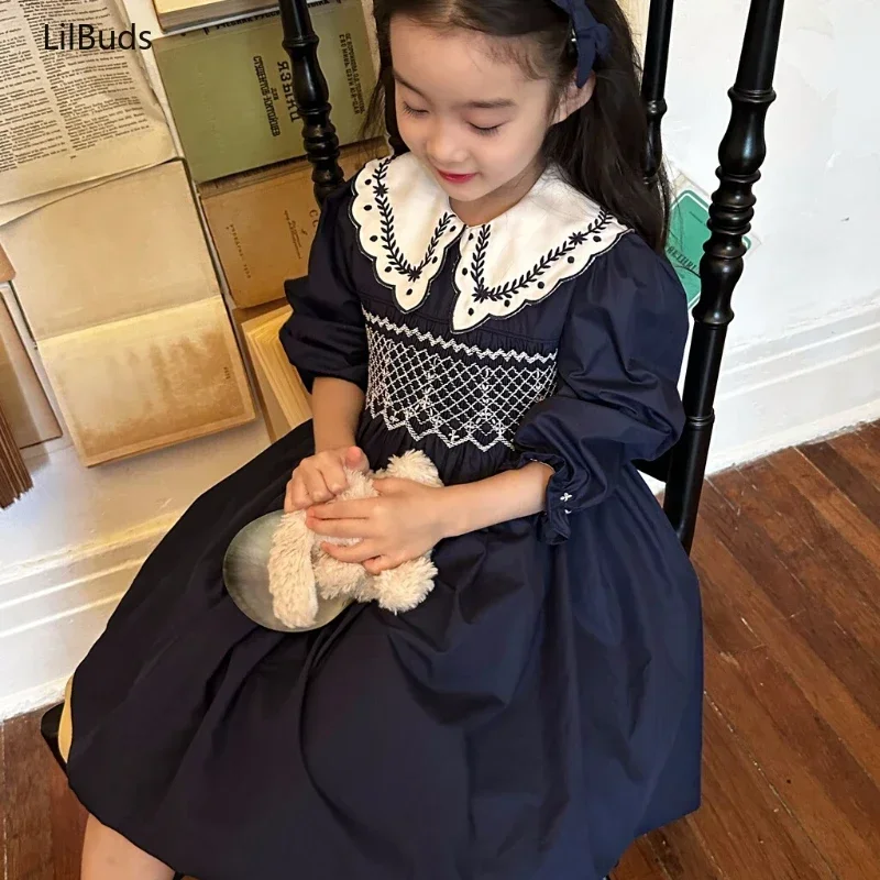 2024 Kids Vintage Dark Blue Costume Handmade Embroidered Elegant Girls' Korean Long Sleeve Children Dress Outerwear Clothing