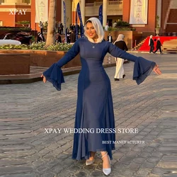 XPAY modesto semplice blu Navy Dubai arabo donne musulmane abiti da sera formali maniche lunghe o-collo alla caviglia abito da ballo in Chiffon