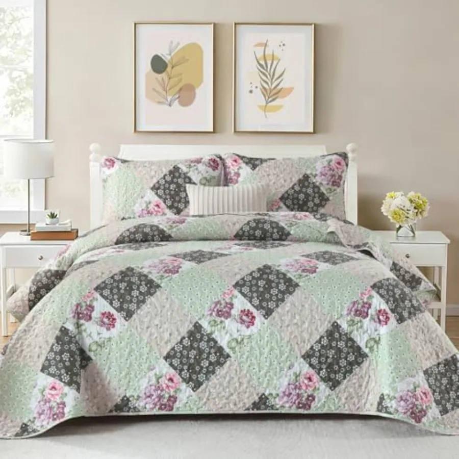 

Quilt Set Size Reversible Floral Plaid Patchwork Pattern Bedding Set Soft Microfiber Lightweight Bedspread Coverlet 3 Pcs Sprin