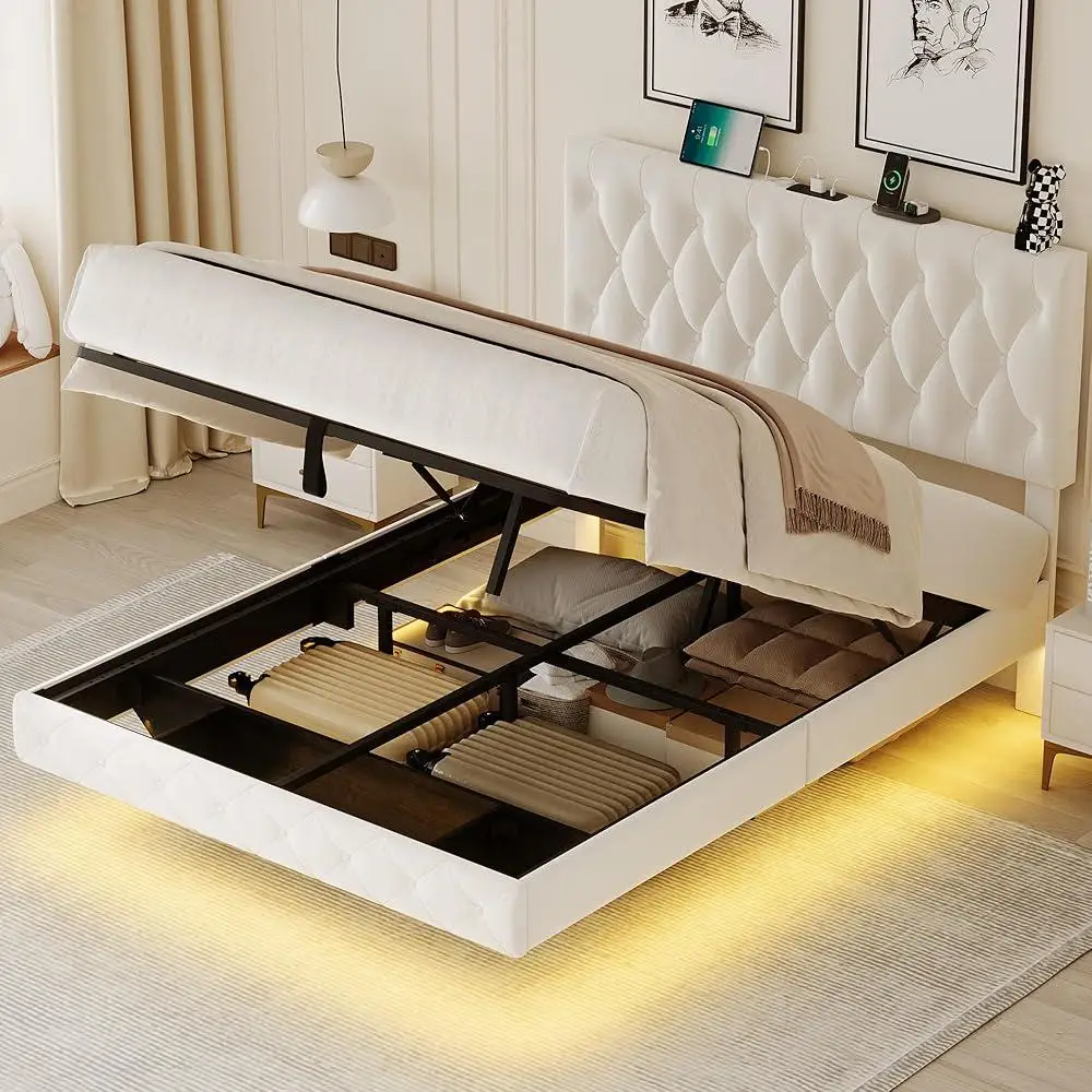 Lift Up Storage Bed Frame Queen Floating Frame Adjustable Headboard LED Lights Charging Station Outlet USB Port Velvet