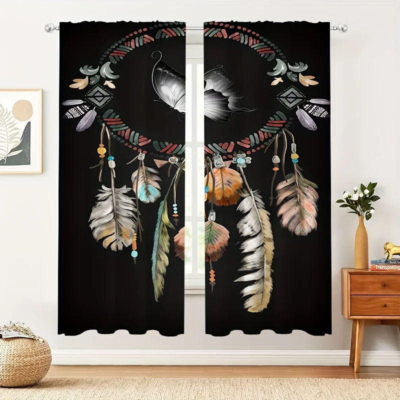 

2 Panels Boho Dreamcatcher Semi Blackout Window Curtains For Study Bedroom Kitchen Living Room Playroom Office Home Decoration