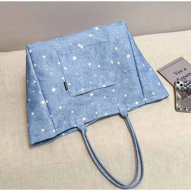 Koreanische Tragetasche mit Sterndruck, Damen-Shopper-Schultertasche, geräumige Handtasche für den täglichen Gebrauch, einfarbig, vielseitig, minimalistisch – Detail 26