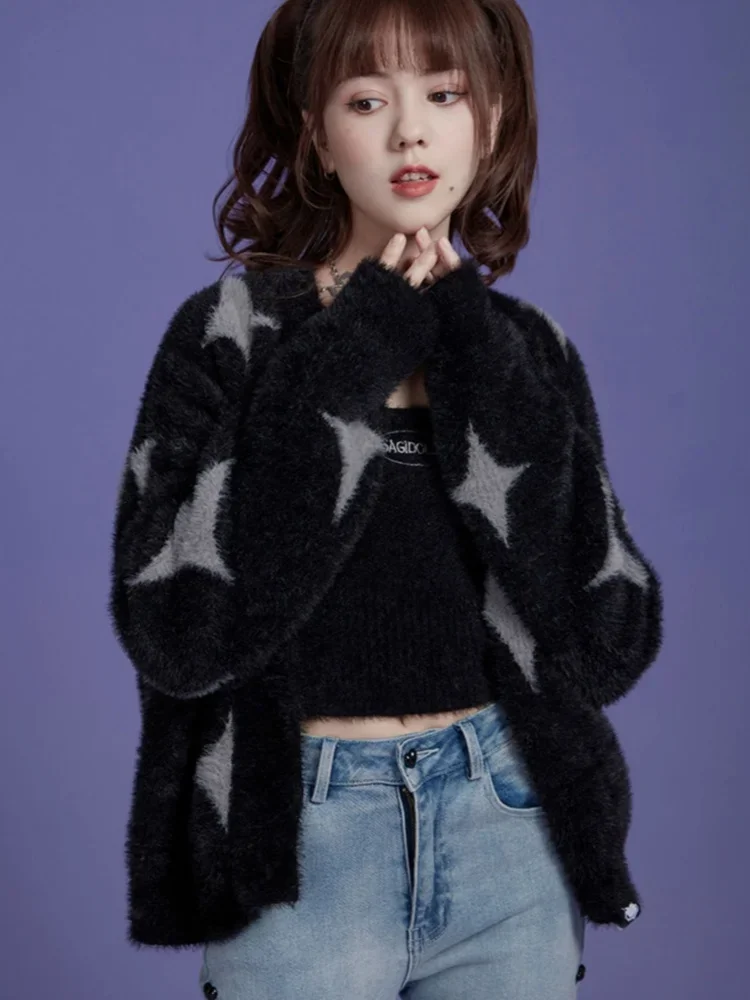 Warm Thicken Furry Hair Knit Cardigan Black Four Pointed Star Jacquard Sweater Y2K E-girl Loose Winter Jacket Korean Sweet Women