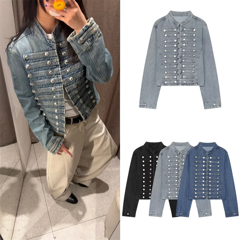 Guobioziy 2026 Autumn New Women's Denim Jacket Stand Collar Multi‑Button Decor Slim Short Fashion Outerwear