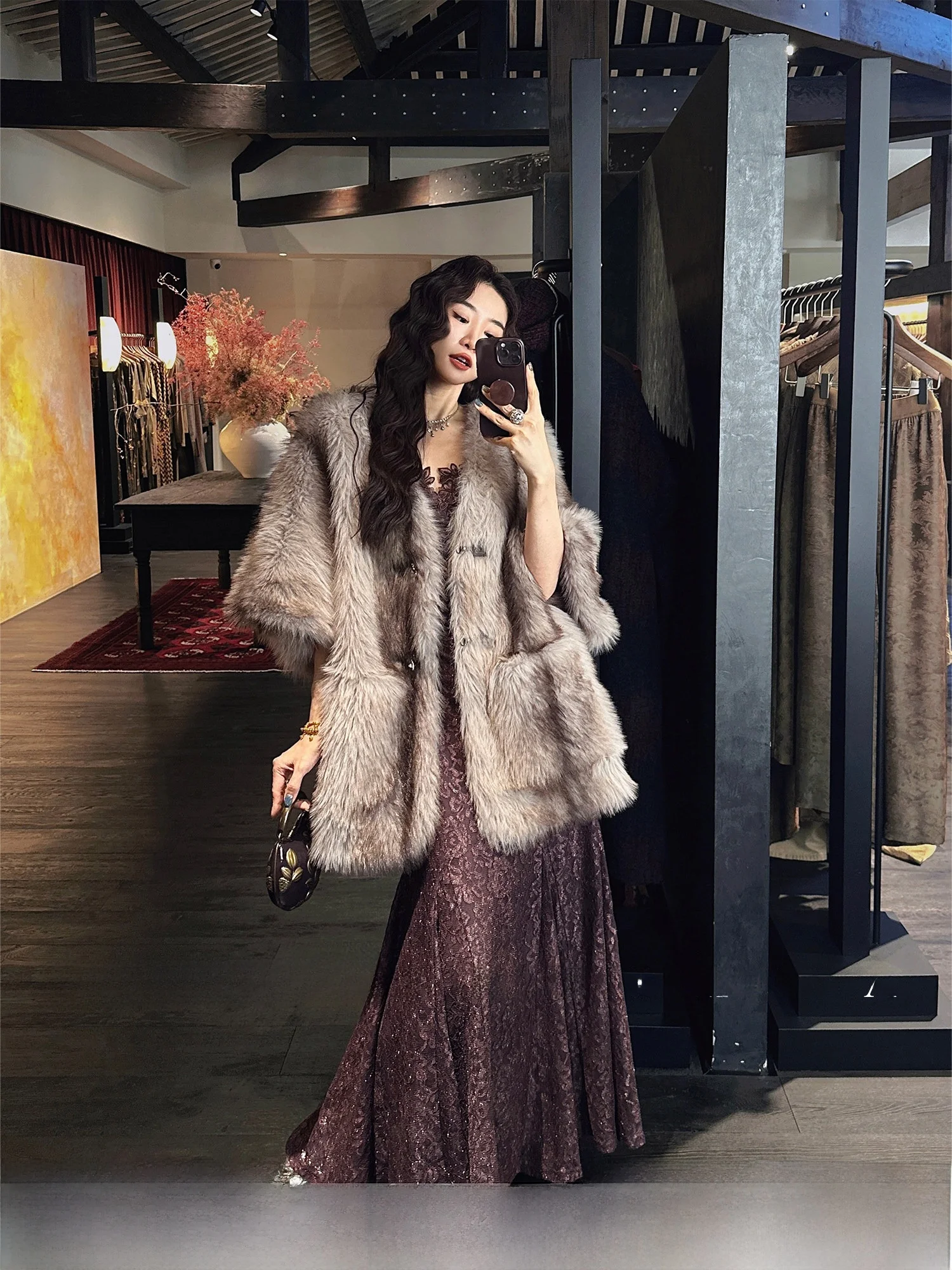 

Sanji Bla Flower Women's Thiened Fur Jaet 2025 New Double Printing Color Environmental Protection Loose Sle Long ...