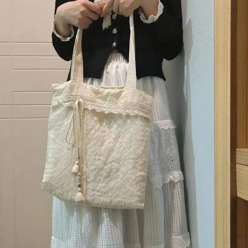 Bloom Haruku Beige Canvas Shoulder Bags Women Vintage Lace Large Capcity Tote Bag Purse Female Versatile Casual Handbag Y2k