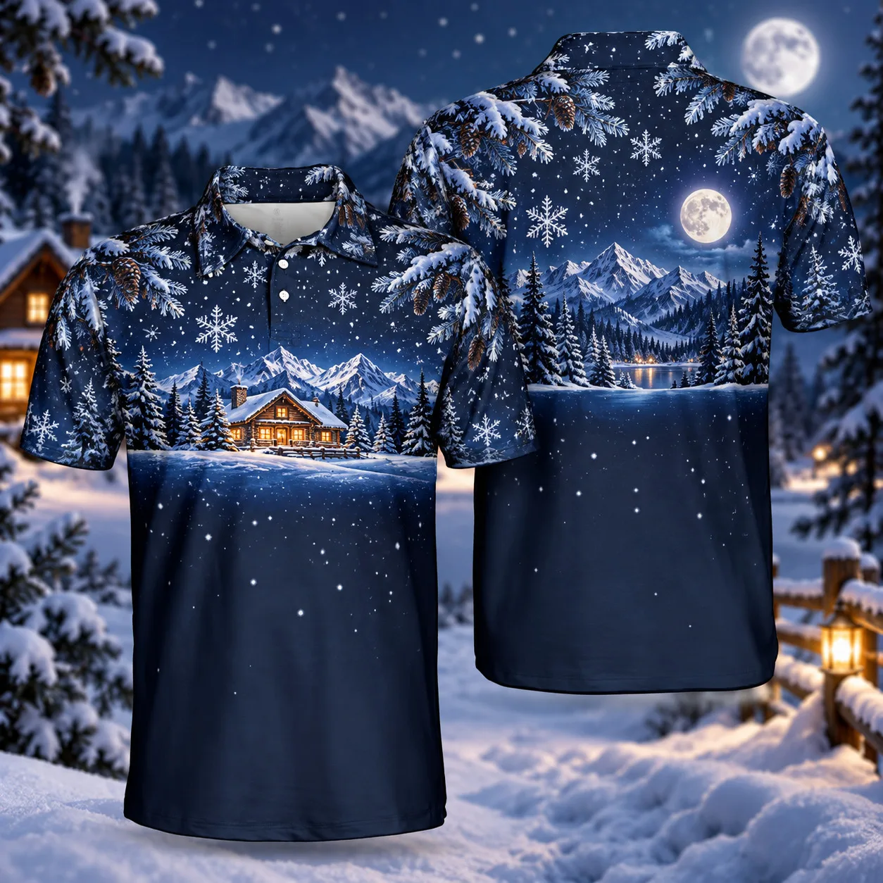 Men's Christmas Polo Shirt Snowy Forest Cabin 3D All Over Print Short Sleeve Winter Holiday Golf Top