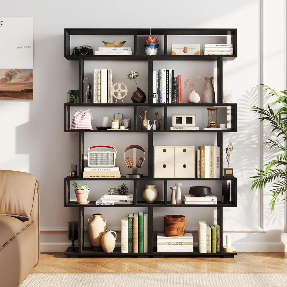6-Tier S-Shaped Bookshelf, 64 Tall Geometric Wooden Storage, Home Office Room Divider with Anti-Toppling, Living Room Display Ra