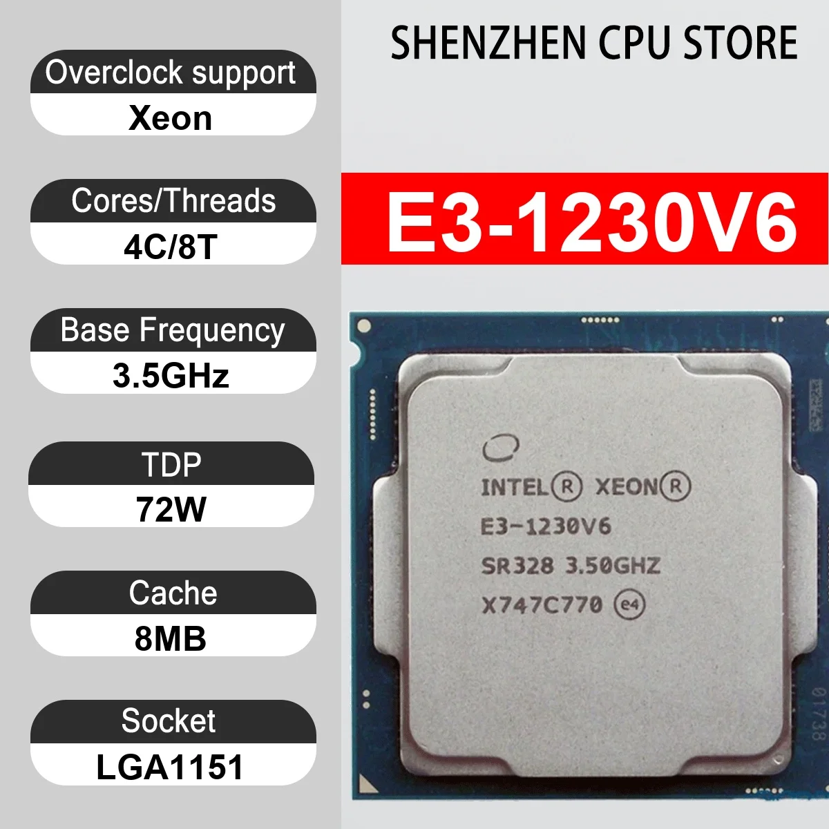 Intel Xeon E3-1230V6 4 Core 8 Thread 3.5GHz 72W 8MB Cache 14nm LGA1151 SR328 DDR4-2400 / DDR3L-1866 MHz Kaby Lake