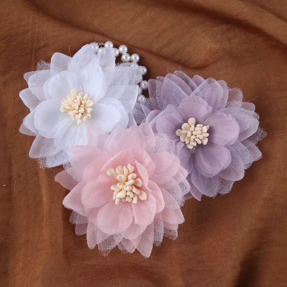 Artificial Flowers Head With Bead Chiffon Fabric Hairpin  Wedding Dress Clothing Making Accessories Silk Flowers