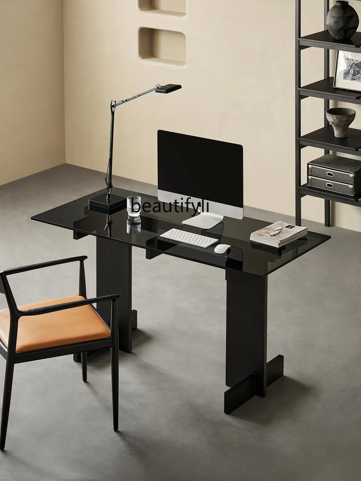 

200302Сстол из массива дерева, черный офисный стеклянный стол из закаленного стекла, домашний итальянский минималистичный компьютерный стол