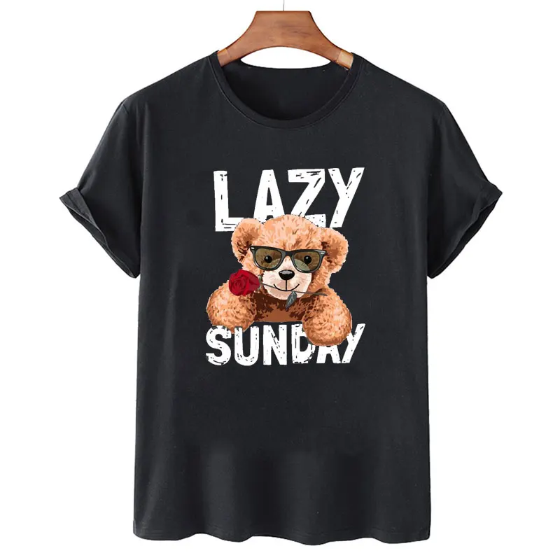 Kawaii Model Bear Print T Shirt Summer Short Sleeve O Neck Fashion T Shirt Vintage Casual Women Clothes Harajuku Streetwear