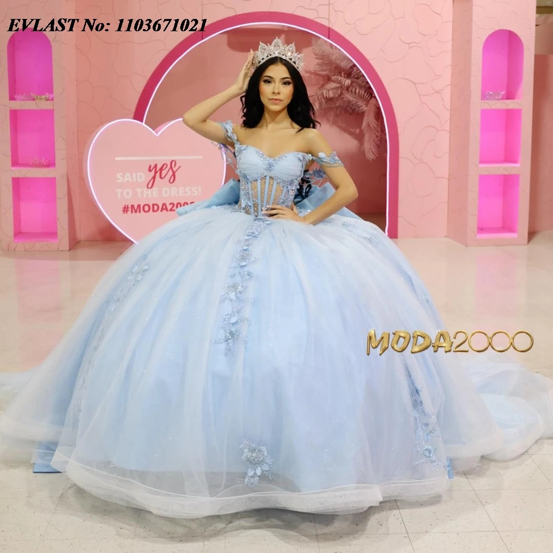 فستان Quinceanera مخصص باللون الأزرق السماوي من EVLAST فستان حفلة مزين بالزهور بفيونكة مطرزة مشد مكسيكي حلو 16 فيستدوس دي أنوس SQ410