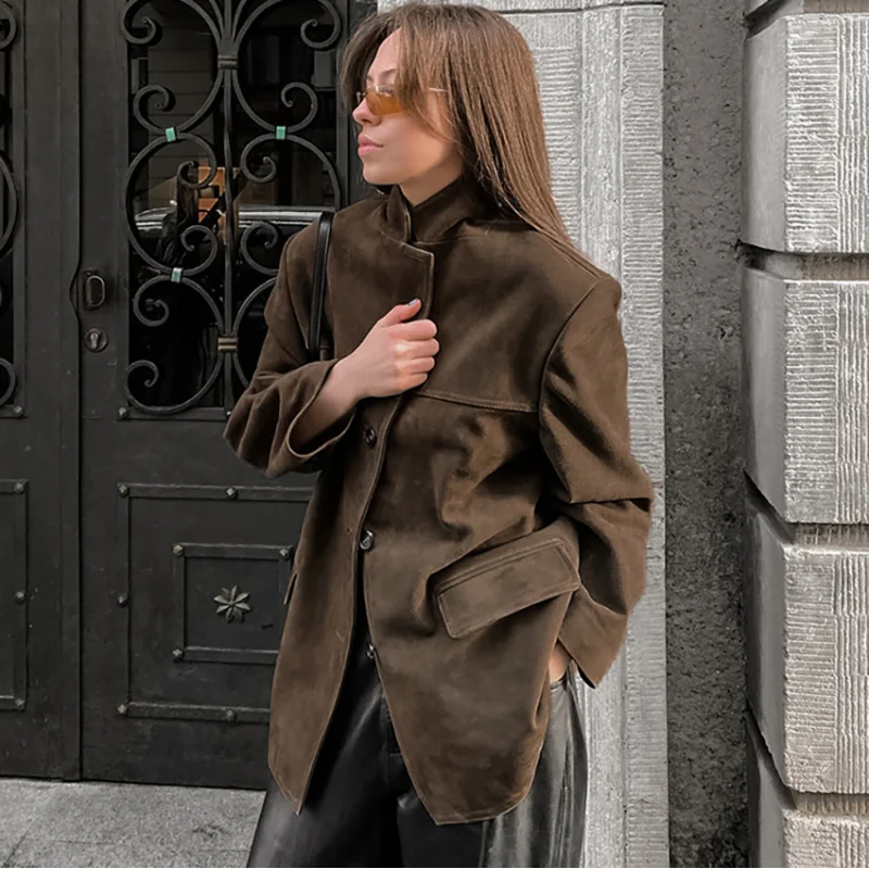 

Винтажное замшевое уникальное пальто с лацканами, осень-зима, новый нишевый свободный топ