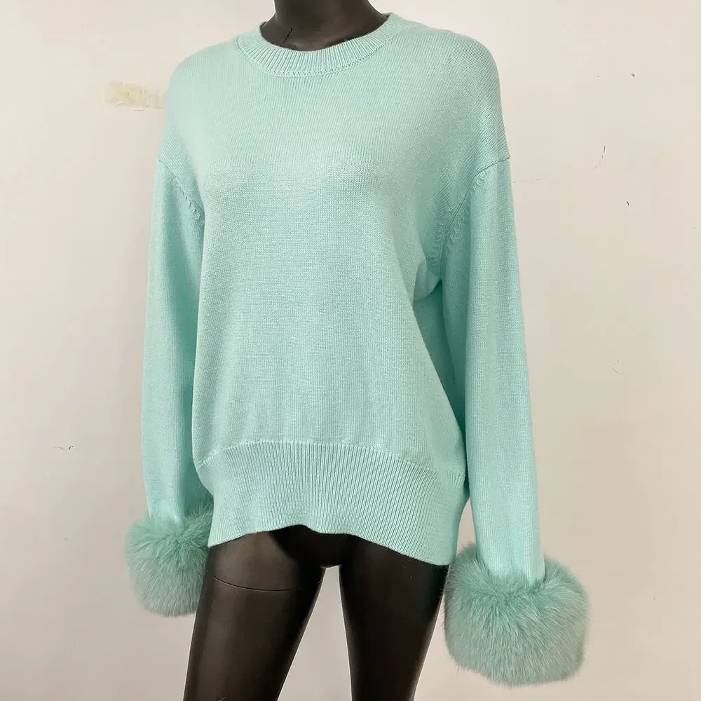 

European American 2024 New Autumn Winter Knitted Sweater O-neck Loose Solid Color Sweater Detachable Real Fox Fur Cuff Sweater