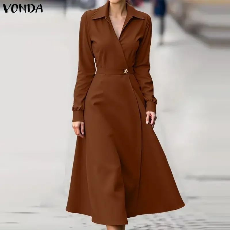 VONDA Elegant Party Dresses Women Long Sleeve Lapel Solid Midi Vestidos 2026 Autumn Spring Buttons Fashion Robe Plus Size 5XL 5