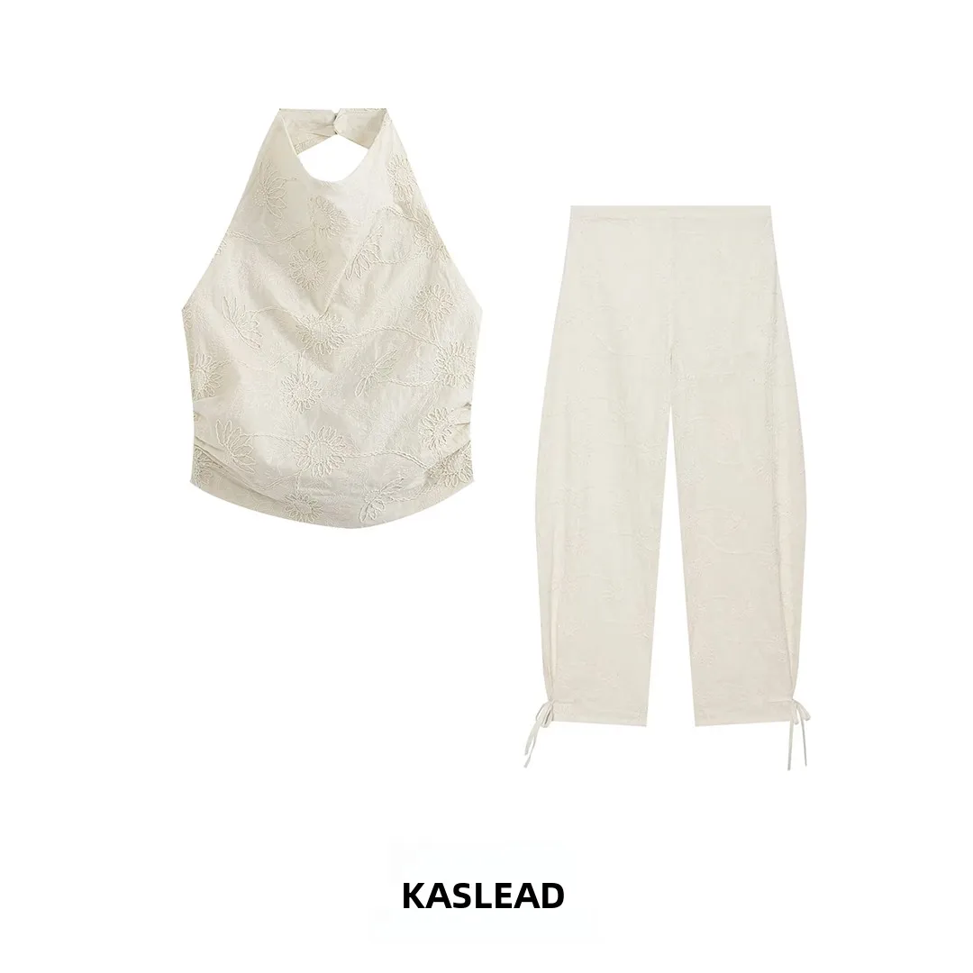KASLEAD New Women's Fashion Set Neck Bead Embroidery Vest Long Pants Two-Piece Suit Autumn Spring Seasonal Clothing