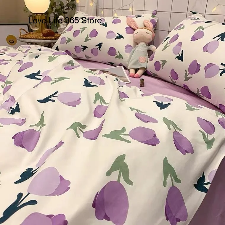 Purple Tulip Bedding Set INS Bed Linens Duvet Cover 150x200 Double Queen King Quilt Cover Soft Polyester Bedclothes Flat Sheets